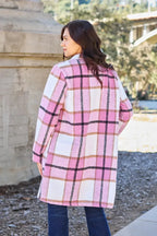 Women's classic plaid button-up lapel coat with wool-feel outerwear, featuring a stylish collar and seasonal warmth.