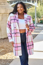 Women's classic plaid button-up lapel coat with wool-feel fabric, seasonal outerwear, stylish and warm for winter.