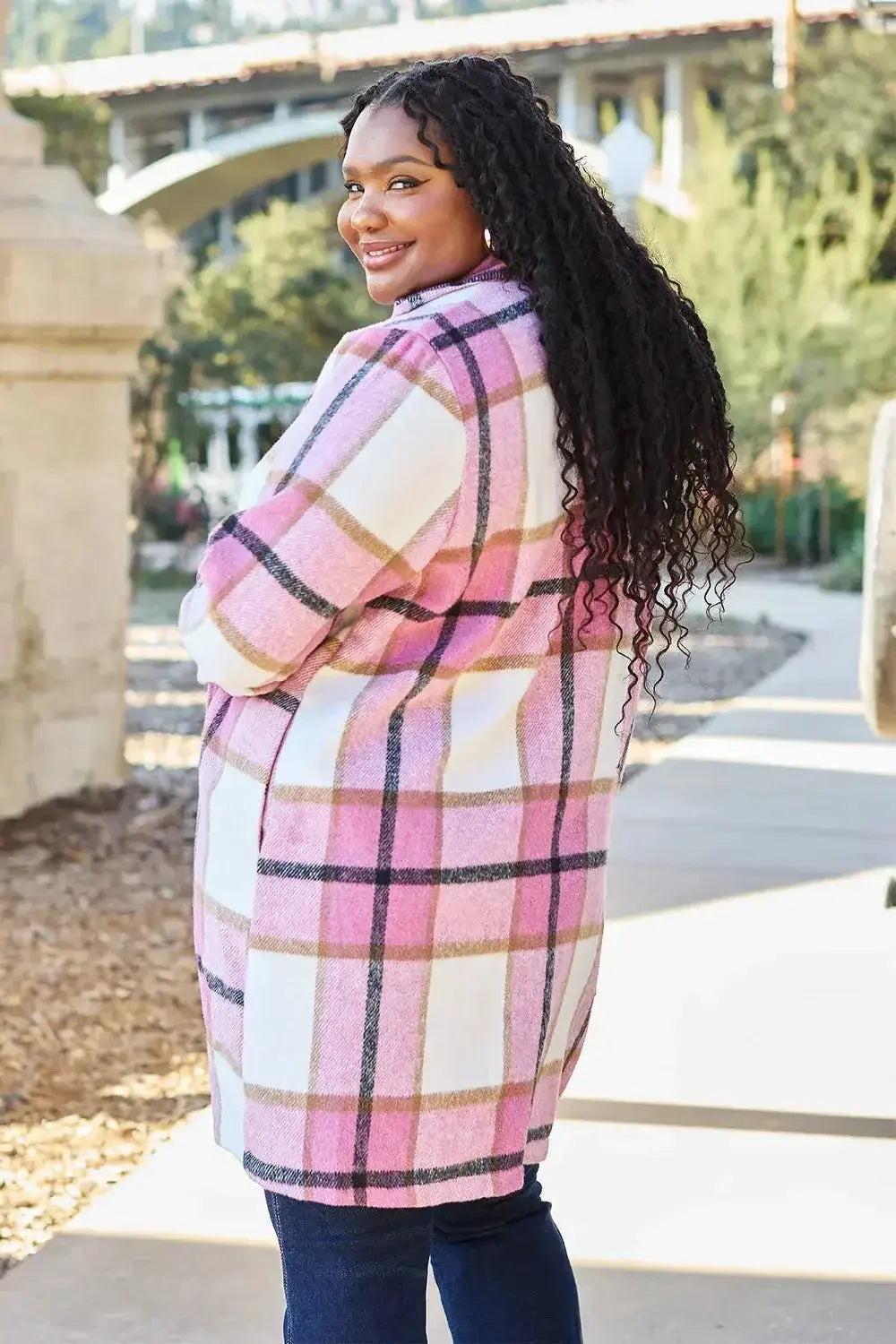 Women's classic plaid button-up lapel coat with wool-feel fabric, seasonal outerwear by Trendsi, perfect for fall and winter.