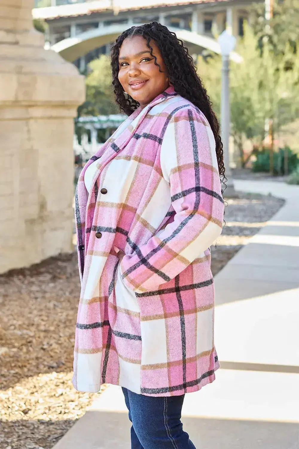 Women's classic plaid button-up lapel coat with wool-feel fabric, seasonal outerwear by Trendsi, featuring a tailored fit and stylish design.