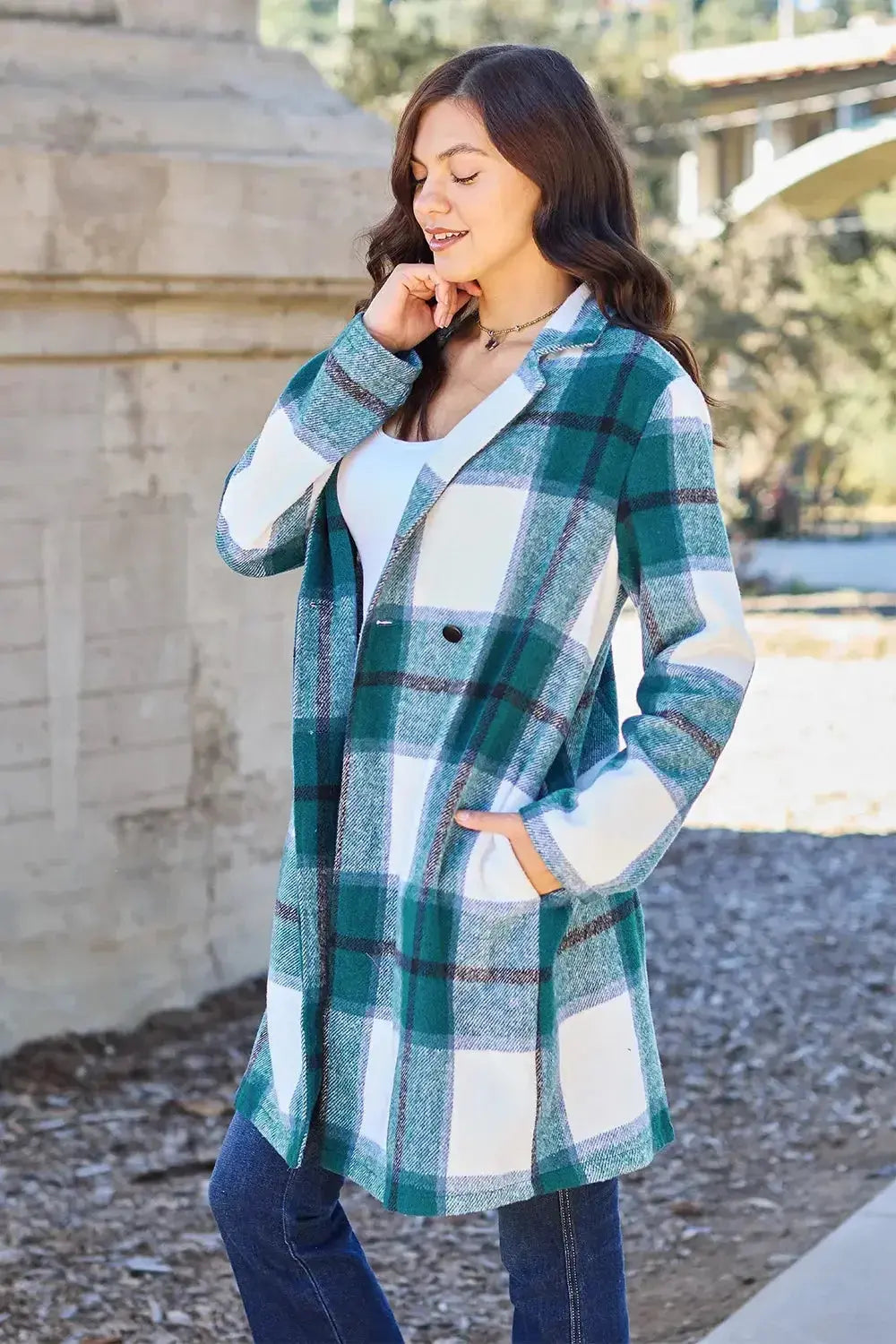 Women's classic plaid button-up coat with lapel collar and wool-feel outer, stylish seasonal outerwear by Trendsi.