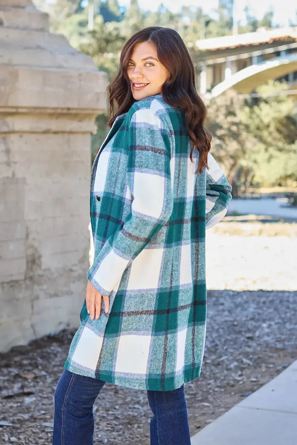 Women's classic plaid button-up lapel coat with wool-feel fabric, seasonal outerwear by Trendsi displayed in the image.