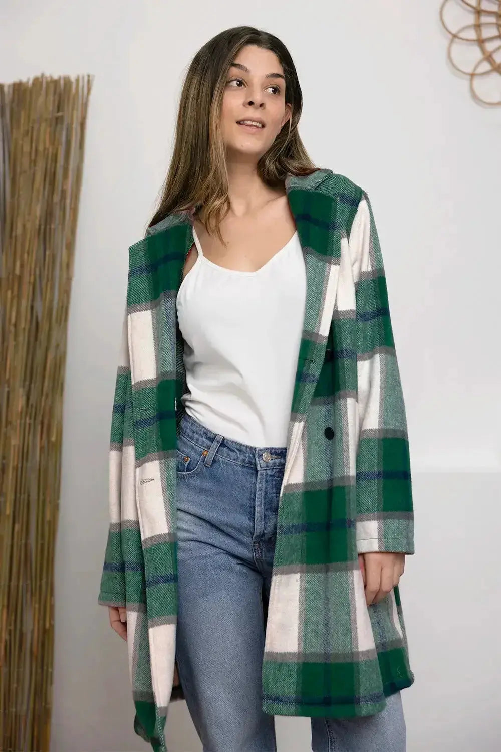 Women's classic plaid button-up lapel coat with a wool-feel outerwear design, featuring a stylish and cozy seasonal wool coat.
