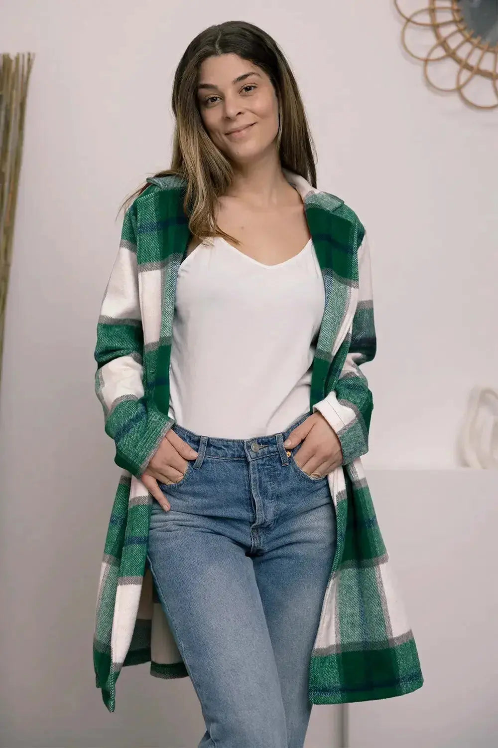Women's plaid button-up lapel coat with wool-feel outerwear, featuring classic pattern and seasonal style from Trendsi.