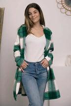 Women's plaid button-up lapel coat with wool-feel outerwear, featuring classic pattern and seasonal style from Trendsi.