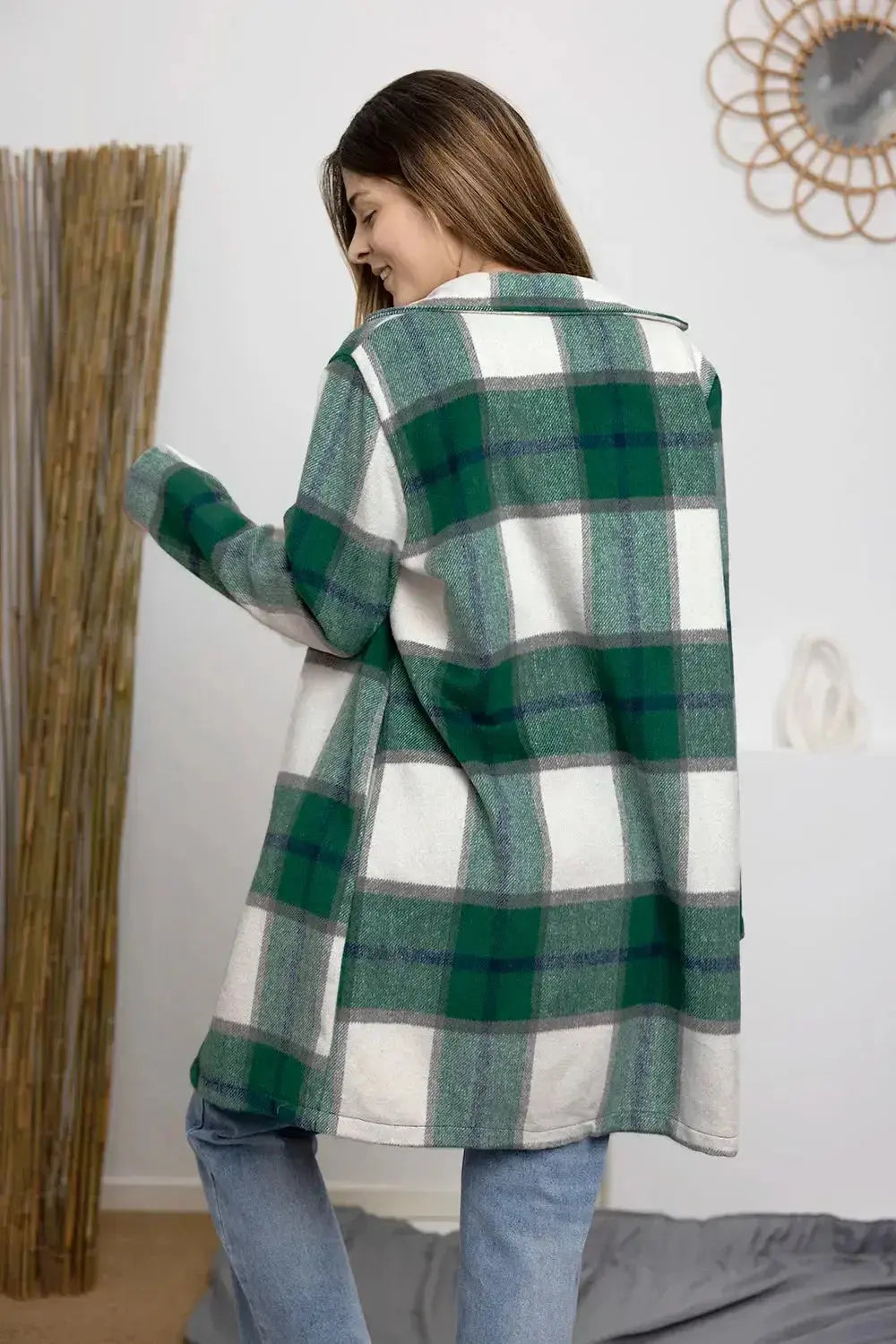 Women's classic plaid button-up lapel coat featuring a wool-feel outerwear design with a stylish, seasonal outer coat by Trendsi.