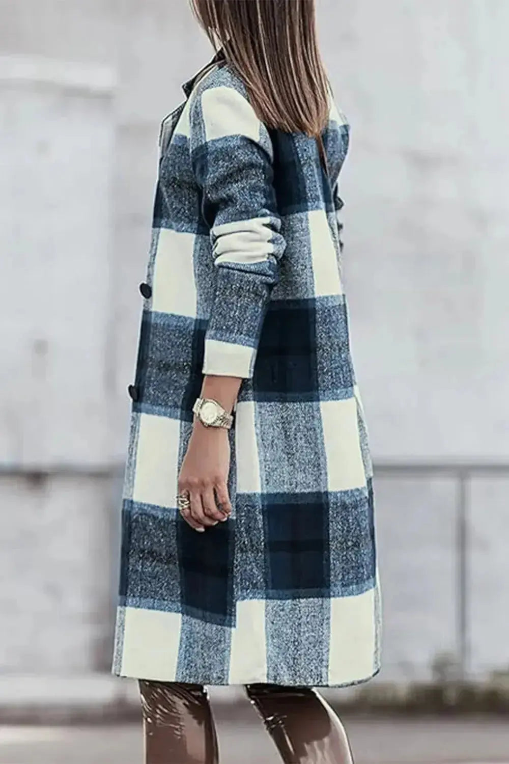 Women's classic plaid button-up lapel coat with wool-feel outerwear, featuring a stylish design and warm seasonal outerwear from Trendsi.