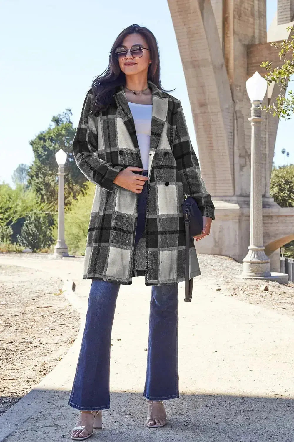 Women's classic plaid button-up lapel coat with wool-feel outerwear, featuring a stylish collar and seasonal warmth.