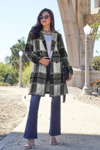 Women's classic plaid button-up lapel coat with wool-feel outerwear, featuring a stylish collar and seasonal warmth.