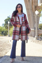 Women’s classic plaid button-up lapel coat with wool-feel outerwear, featuring a stylish collar and seasonal warmth.