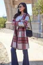 Women's classic plaid button-up lapel coat with wool-feel fabric, stylish outerwear for seasonal wear by Trendsi.