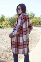 Women's classic plaid button-up lapel coat with wool-feel outerwear, featuring a stylish design and cozy seasonal warmth.