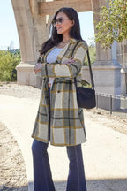 Women's plaid button-up lapel coat with wool-feel fabric, seasonal outerwear by Trendsi, featuring classic plaid pattern and tailored fit.