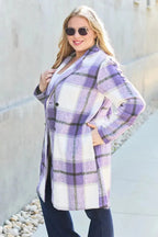 Women's classic plaid button-up coat with lapel collar, wool-feel outerwear for seasonal warmth and style.