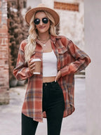Women's classic plaid long sleeve button-down shirt by Trendsi, featuring a stylish checkered pattern and casual fit.
