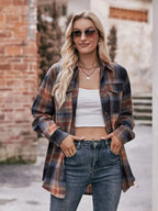 Women’s classic plaid long sleeve button-down shirt by Trendsi, featuring a stylish plaid pattern and button-up front.