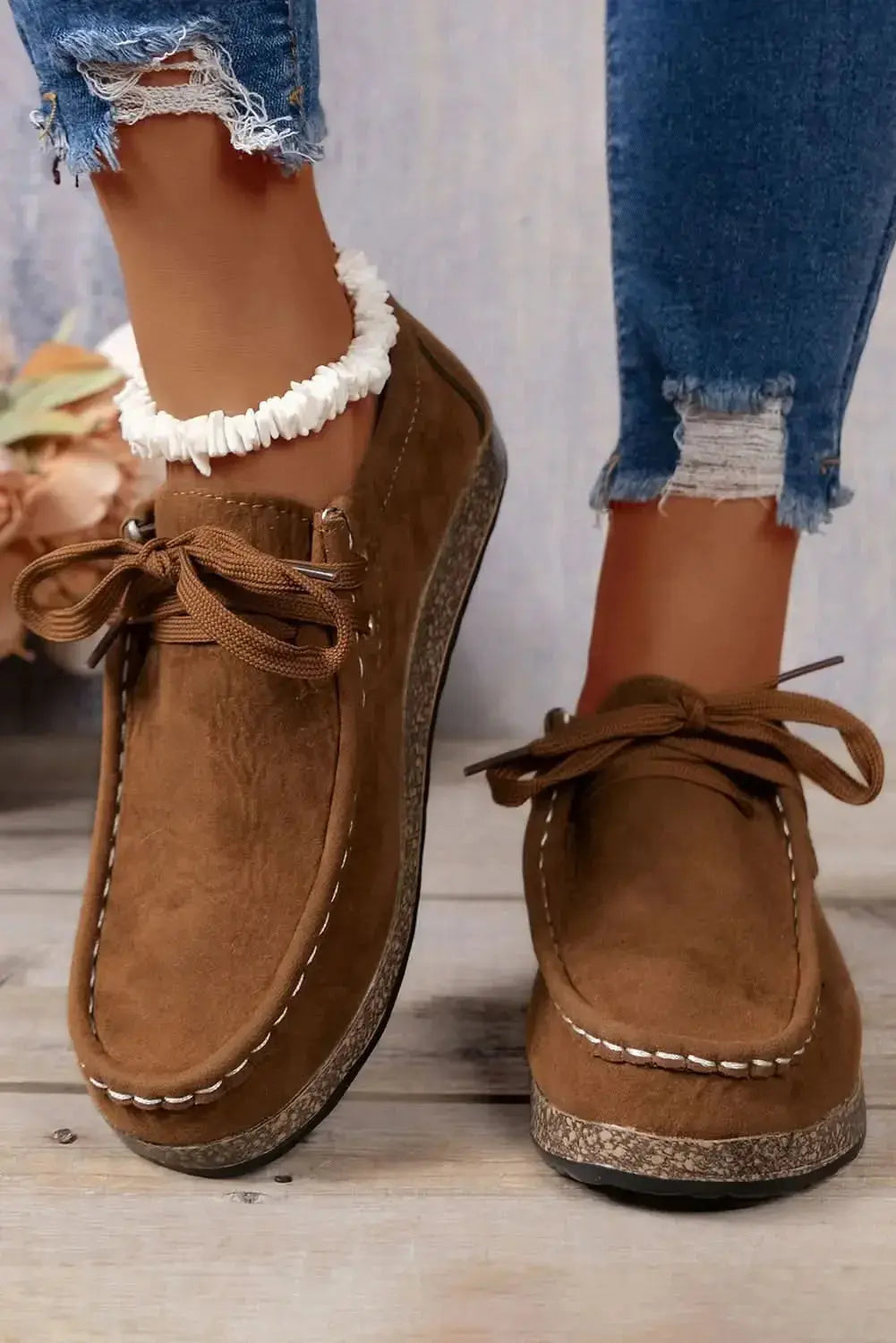 Women's coffee suede lace-up sneakers from Gilded Glamour Shop, casual and comfortable everyday footwear for stylish wear.