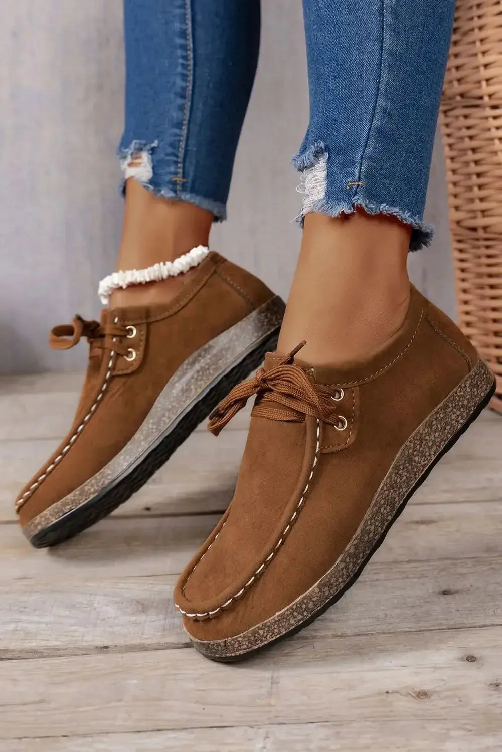 Coffee suede women's lace-up casual sneakers by Gilded Glamour Shop, comfortable everyday footwear with stylish design.