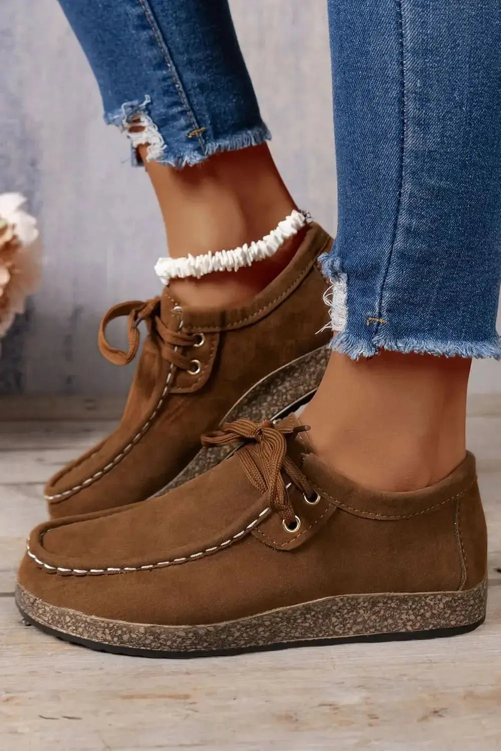 Coffee suede women's lace-up sneakers by Gilded Glamour Shop, casual and comfortable everyday footwear with stylish design.