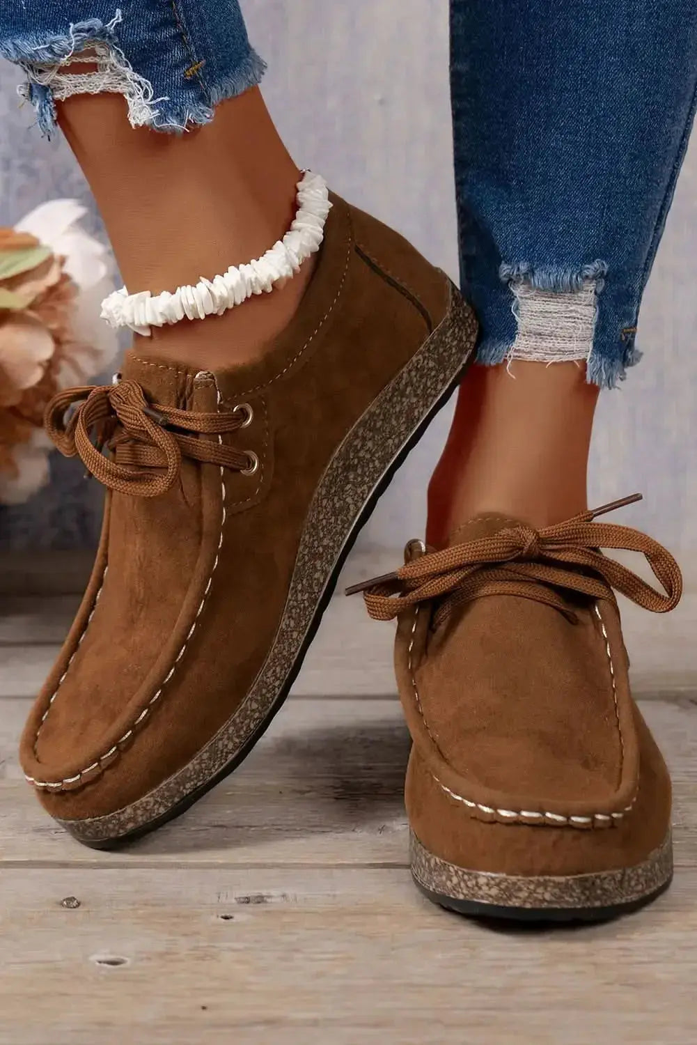 Women's coffee suede lace-up sneakers by Gilded Glamour Shop, casual and comfortable everyday footwear with stylish design.