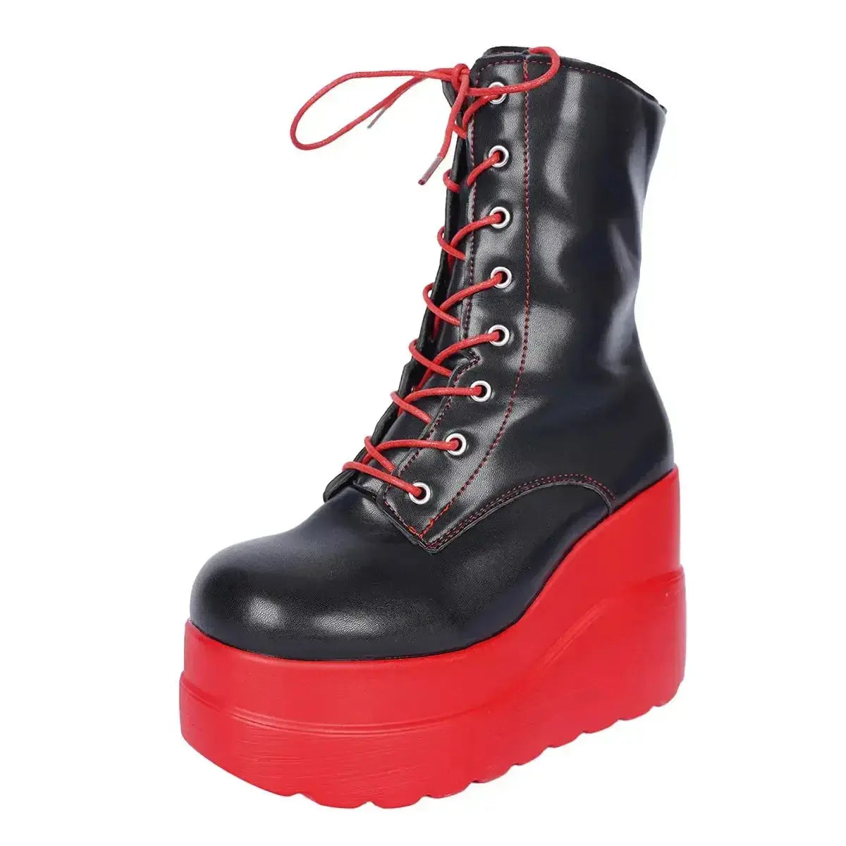 Color block platform wedge boots by Plush Fashion Hub featuring stylish faux leather ankle booties with bold color contrast.