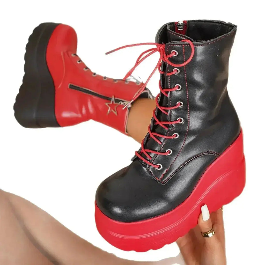 Color block platform wedge boots by Plush Fashion Hub featuring faux leather ankle booties with stylish color contrast.