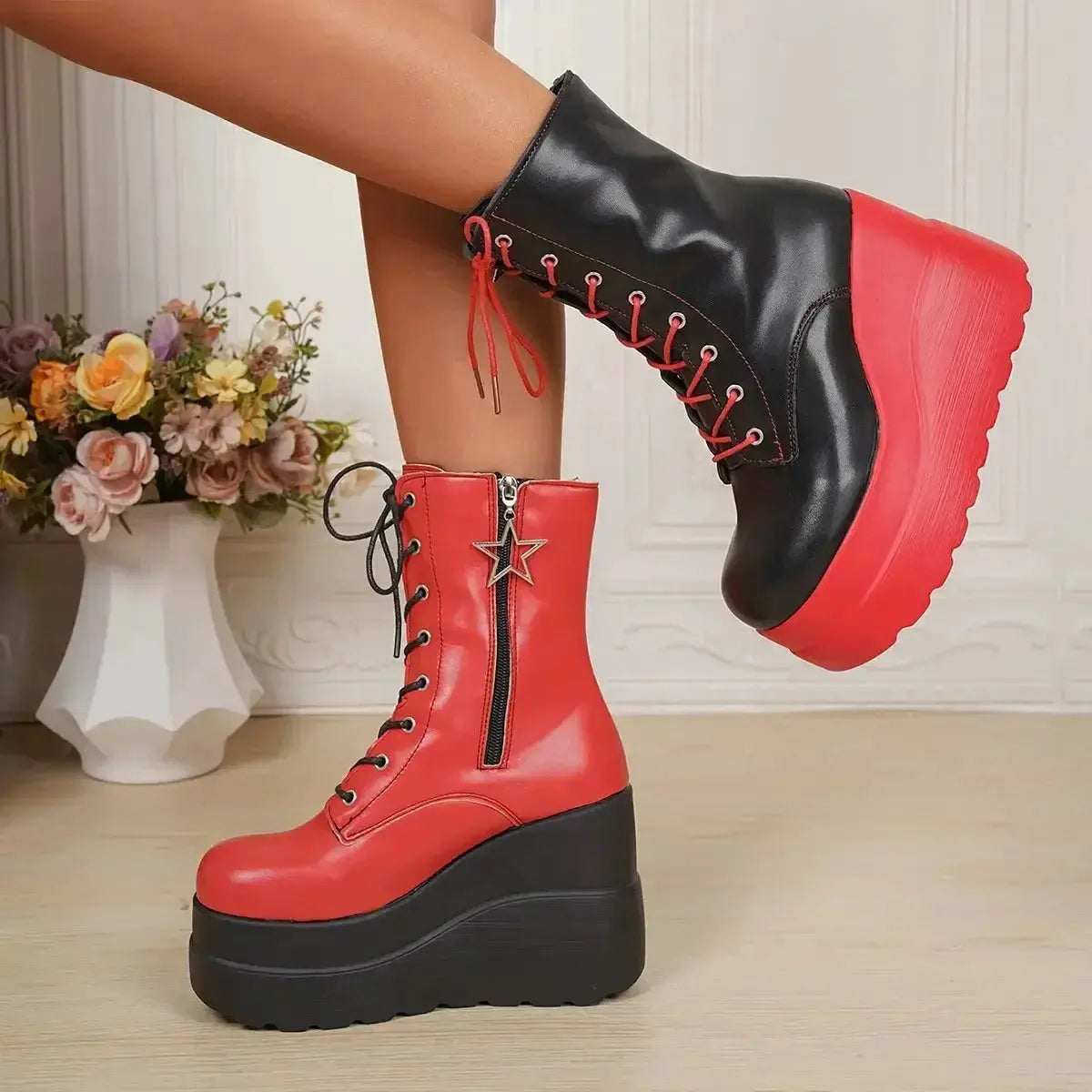 Color block platform wedge boots in faux leather with ankle-high design, stylish and trendy from Plush Fashion Hub.