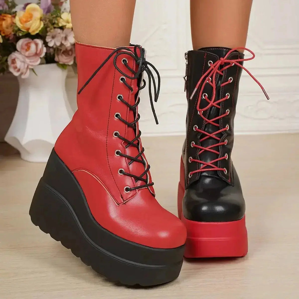 Color block platform wedge boots by Plush Fashion Hub featuring stylish faux leather ankle booties with a chunky heel and bold color design.