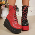 Color block platform wedge boots by Plush Fashion Hub featuring stylish faux leather ankle booties with a chunky heel and bold color design.
