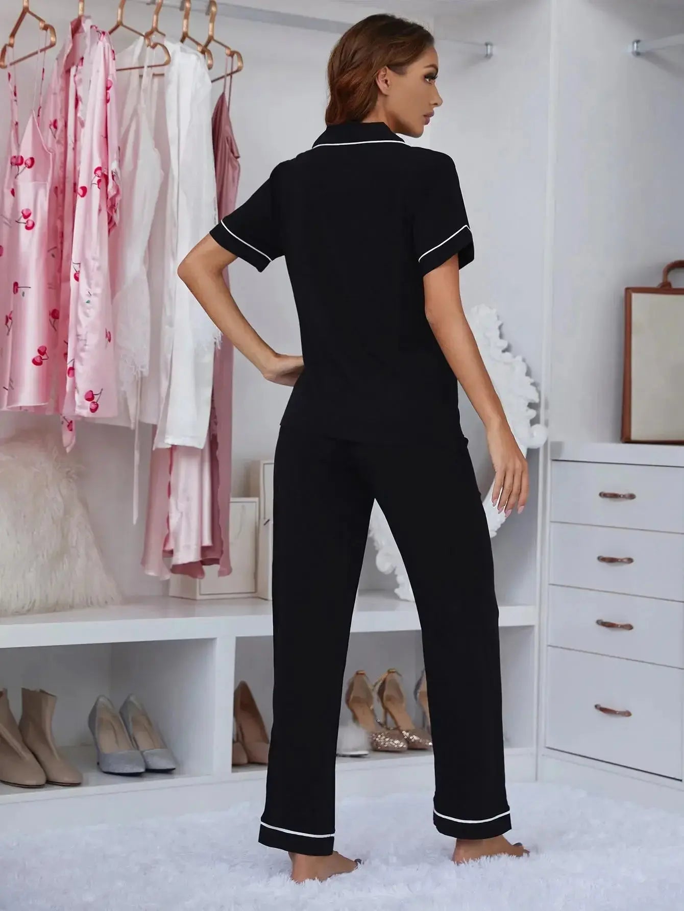 Contrast piping viscose short sleeve pajama set with lapel collar top and matching pants, breathable loungewear from Plush Fashion Hub