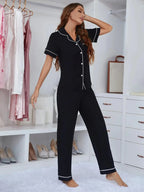 Plush Fashion Hub contrast piping viscose short sleeve pajama set with lapel collar top and matching pants, breathable loungewear.