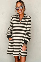 Contrast striped long sleeve mini dress with Johnny collar from Plush Fashion Hub, perfect for casual or office wear.