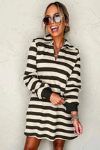 Contrast striped long sleeve mini dress with Johnny collar from Plush Fashion Hub, perfect for casual office wear.