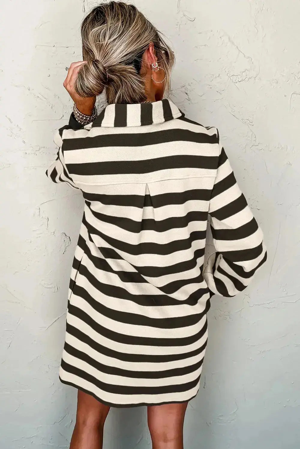 Contrast striped Johnny collar long sleeve mini dress by Plush Fashion Hub, featuring a chic casual office-ready design.
