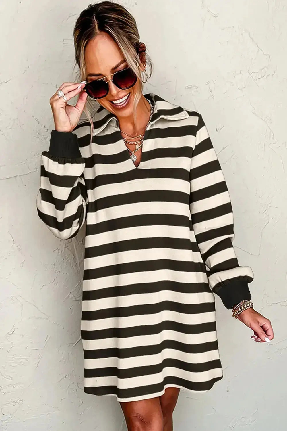 Contrast striped long sleeve mini dress with Johnny collar by Plush Fashion Hub, perfect for casual office wear.