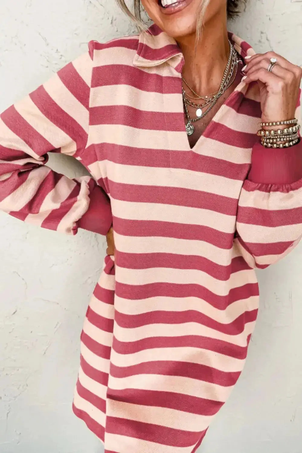 Contrast striped long sleeve mini dress with Johnny collar by Plush Fashion Hub, perfect for casual office wear.