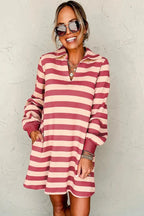 Contrast striped long sleeve mini dress with Johnny collar from Plush Fashion Hub, perfect for casual or office wear.