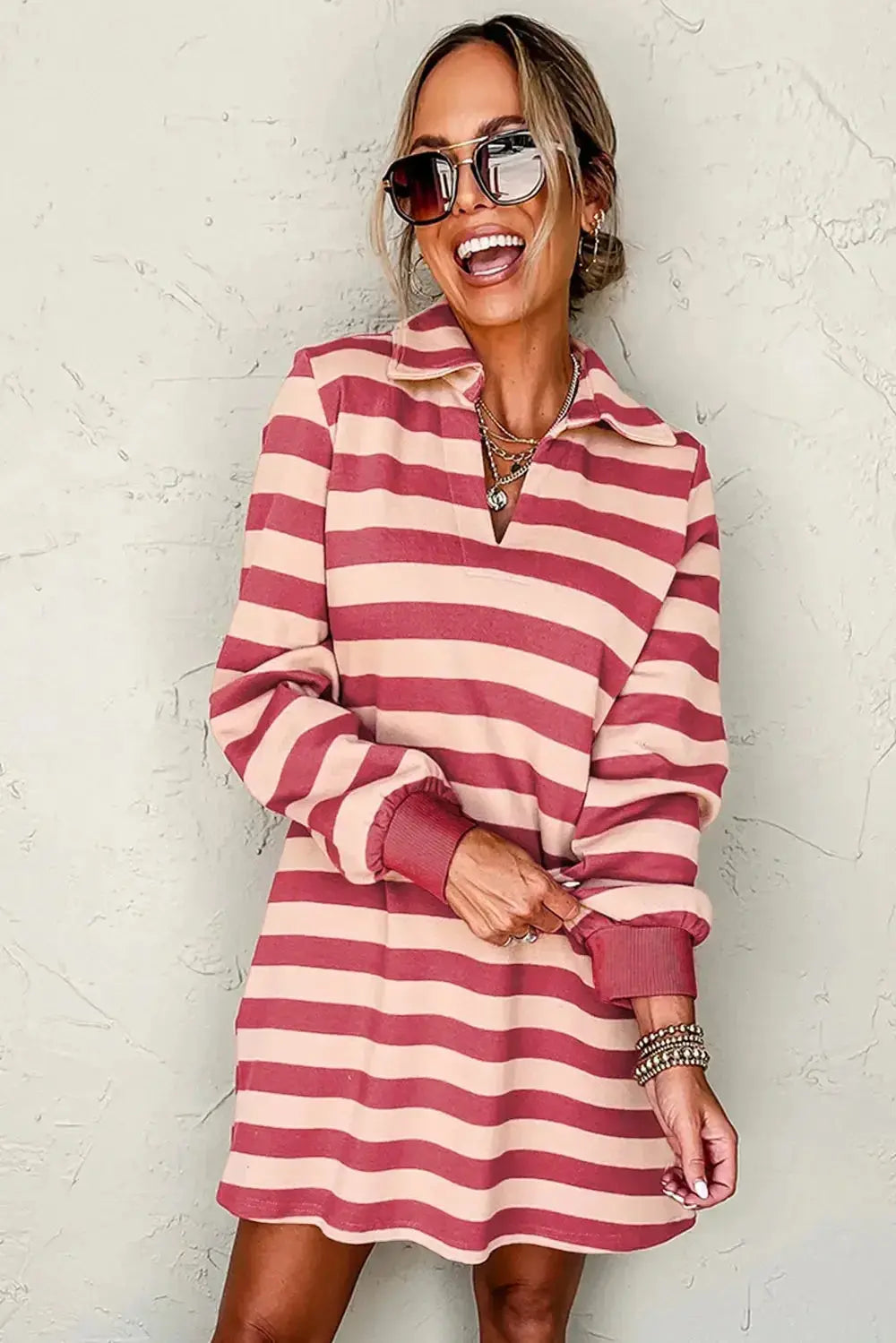 Contrast striped Johnny collar long sleeve mini dress by Plush Fashion Hub, casual office wear with chic, stylish design.