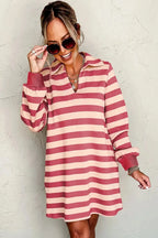 Contrast striped Johnny collar long sleeve mini dress by Plush Fashion Hub, featuring a chic casual office wear style.