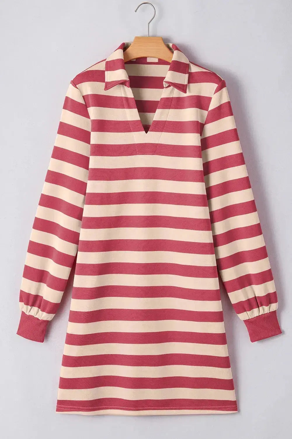 Contrast striped Johnny collar long sleeve mini dress by Plush Fashion Hub, featuring chic casual office wear style.
