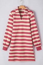Contrast striped Johnny collar long sleeve mini dress by Plush Fashion Hub, featuring chic casual office wear style.