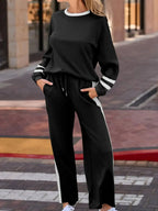 Plush Fashion Hub contrast trim round neck lounge set featuring cozy two-piece top and pants, perfect for relaxed comfort.