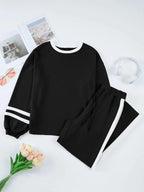 Plush Fashion Hub contrast trim round neck lounge set with cozy two-piece top and pants, perfect for comfortable casual wear.