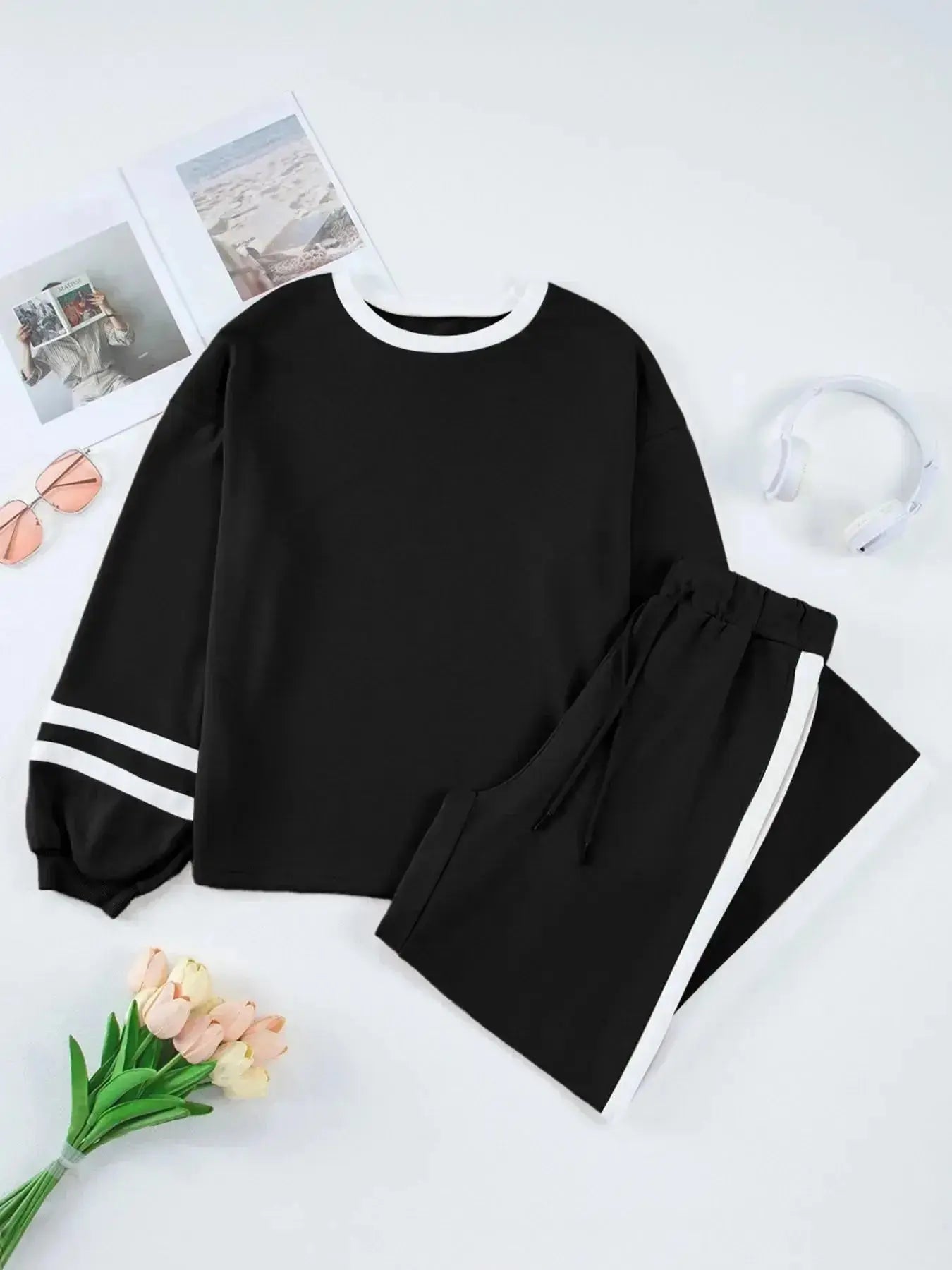 Plush Fashion Hub contrast trim round neck lounge set with cozy two-piece top and pants, perfect for comfortable casual wear.