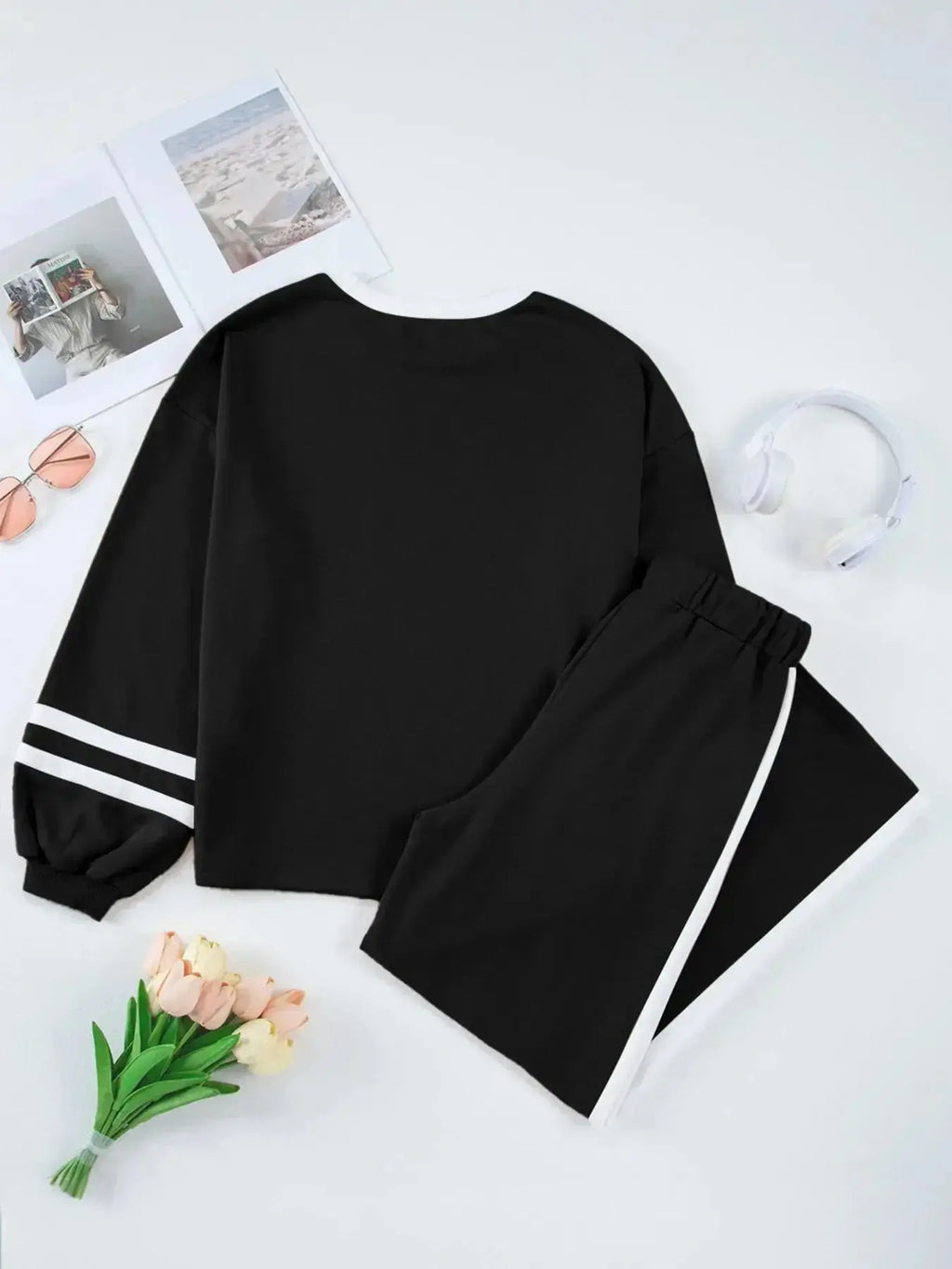 Plush Fashion Hub contrast trim round neck lounge set featuring cozy two-piece top and pants, perfect for comfortable casual wear.