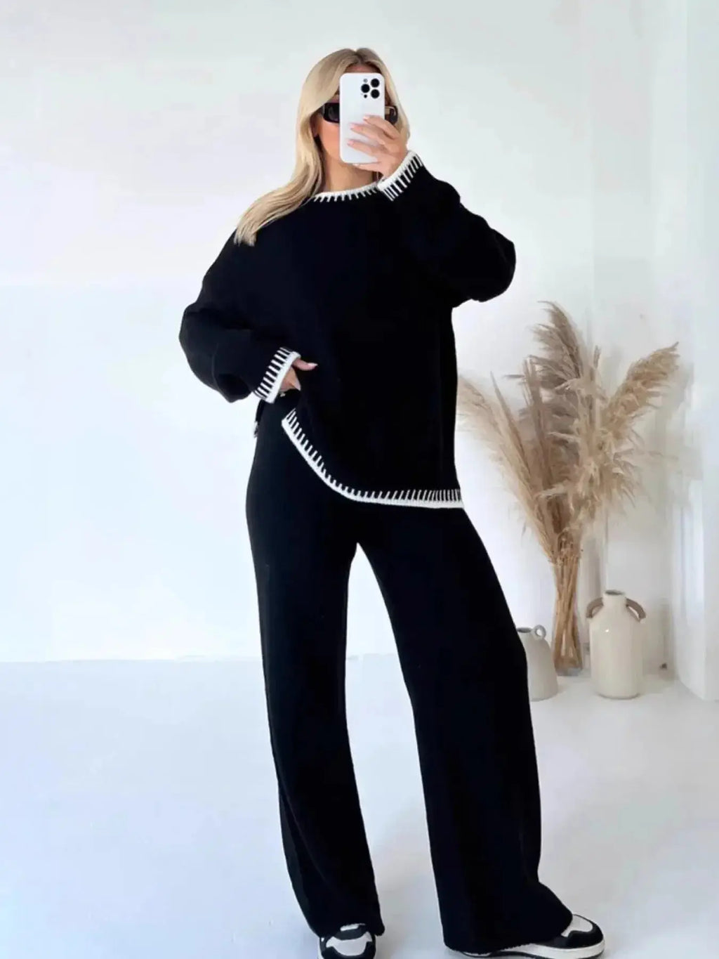 Trendsi contrast trim round neck sweater top with wide-leg pants lounge set, stylish and comfortable for casual wear.