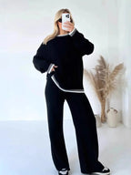 Trendsi contrast trim round neck sweater top with wide-leg pants lounge set, stylish and comfortable for casual wear.