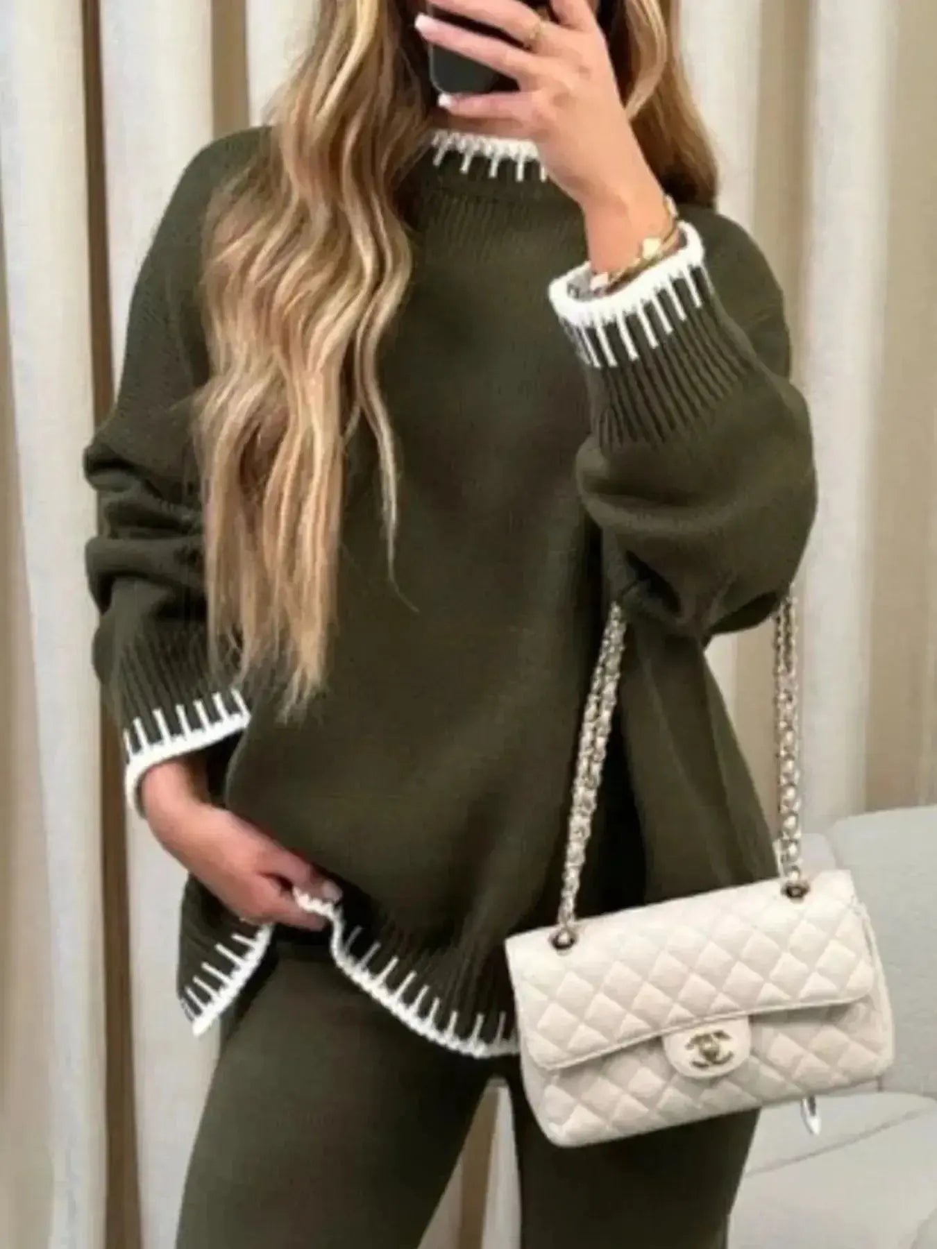 Trendsi lounge set with contrast trim round neck sweater top and wide-leg pants, comfortable and stylish for casual wear.