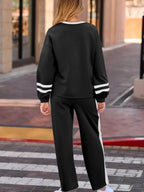 Contrast Trim Round Neck Top and Pants Set - Plush Fashion Hub