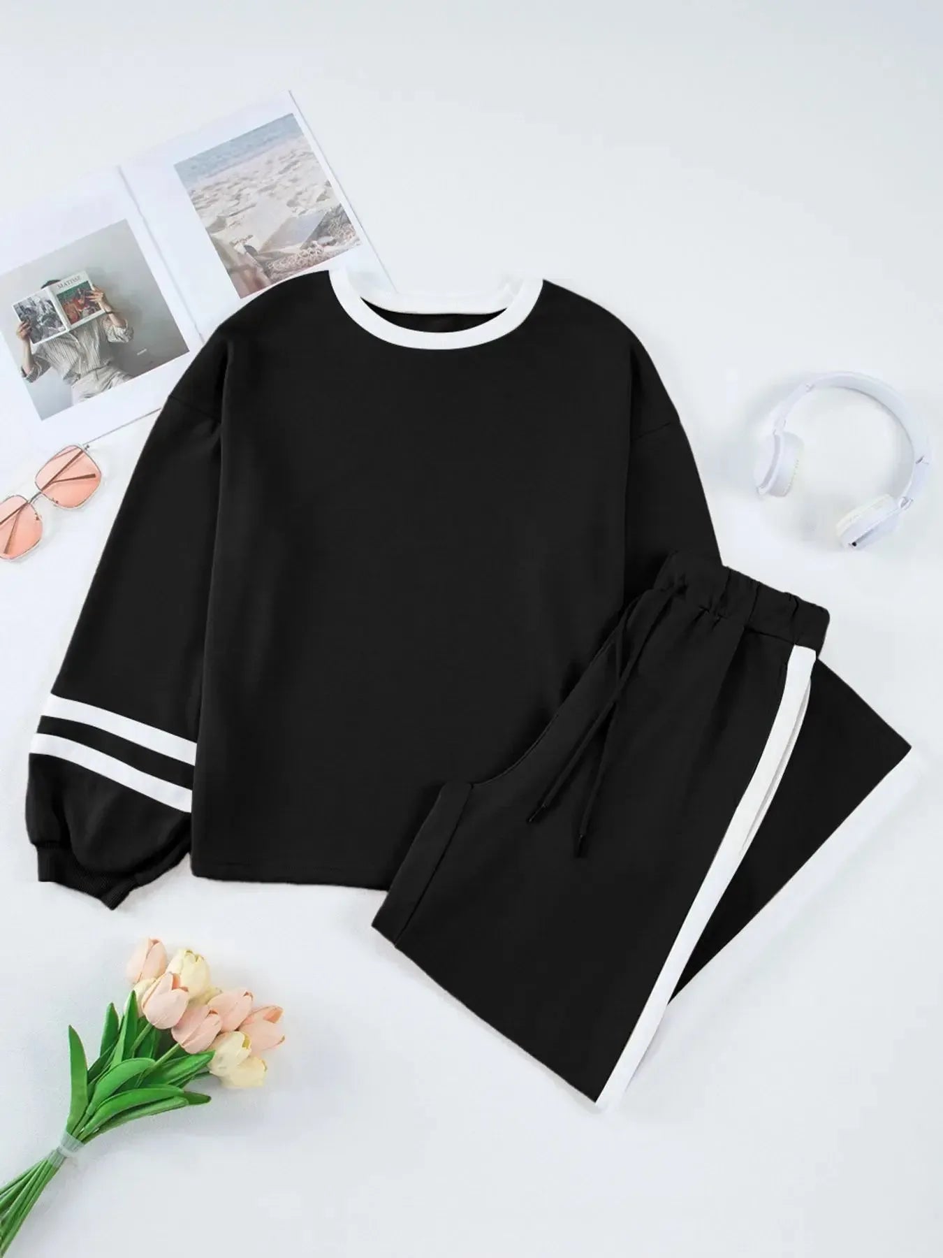 Contrast Trim Round Neck Top and Pants Set - Plush Fashion Hub